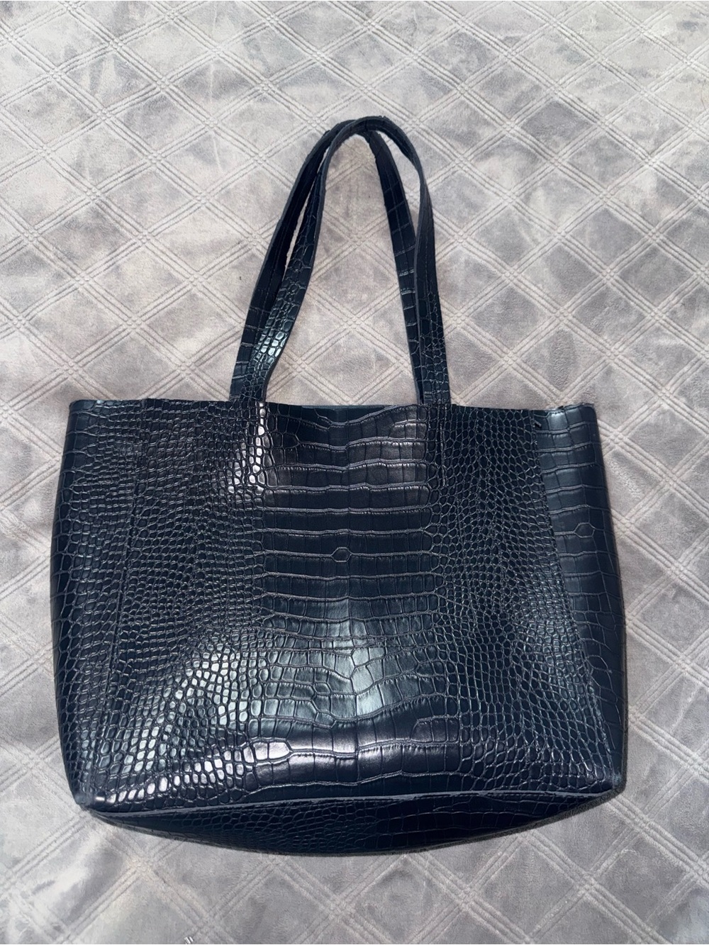 Bloomingdales Crocodile Embossed Everyday Tote Bag Navy Blue